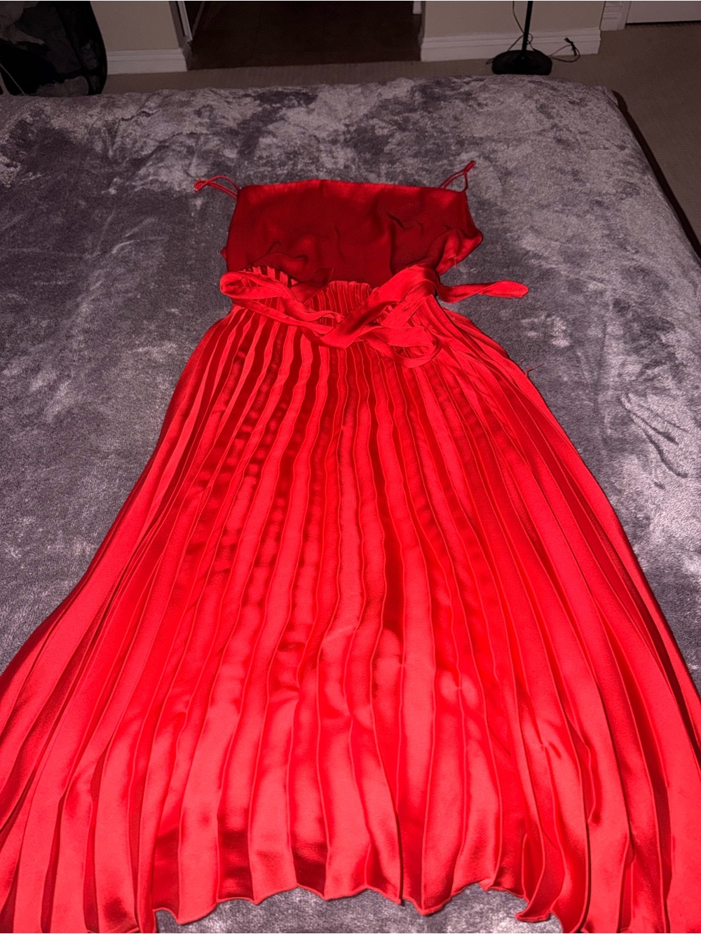 Red Pleated Satin Midi Dress with Waist Tie